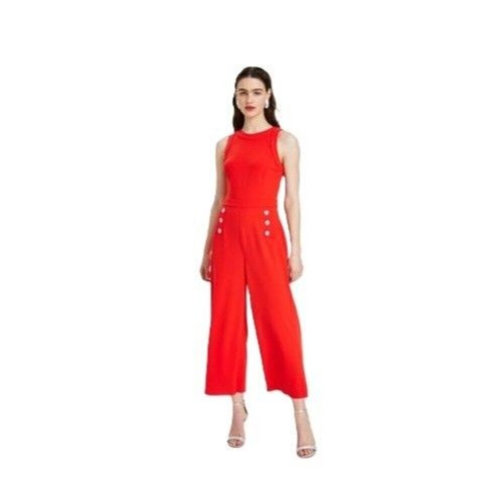 Karl Lagerfeld Paris Womens 16 Apple Red Cropped Wide Leg Jumpsuit NWT CR23